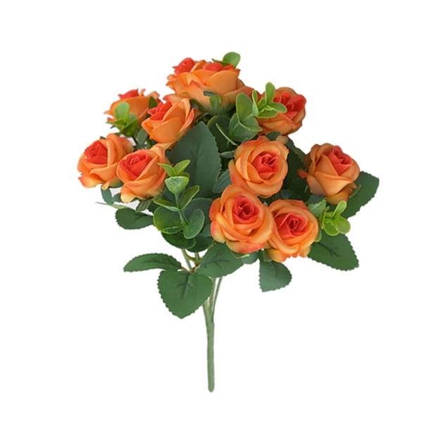 Ramo de rosas artificiales Farfi, 5 ramas, 11 cabezas, hojas verdes realistas, fácil de cuidar, no se marchitan, eucalipto artificial, rosa de seda sintética, decoración para balcón (naranja)