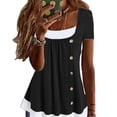 thumbnail image 3 of 2 in 1 T Shirt Pleated Front Button Trim Loose Fitting Summer Casual Blouse for Women Black L, 3 of 5