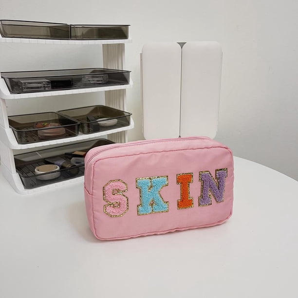 Bolsa de cosméticos para mujer, parches de letras, artículos de tocador, organizador de estuche de maquillaje de viaje (rosa) Tmvgtek Para Estrenar