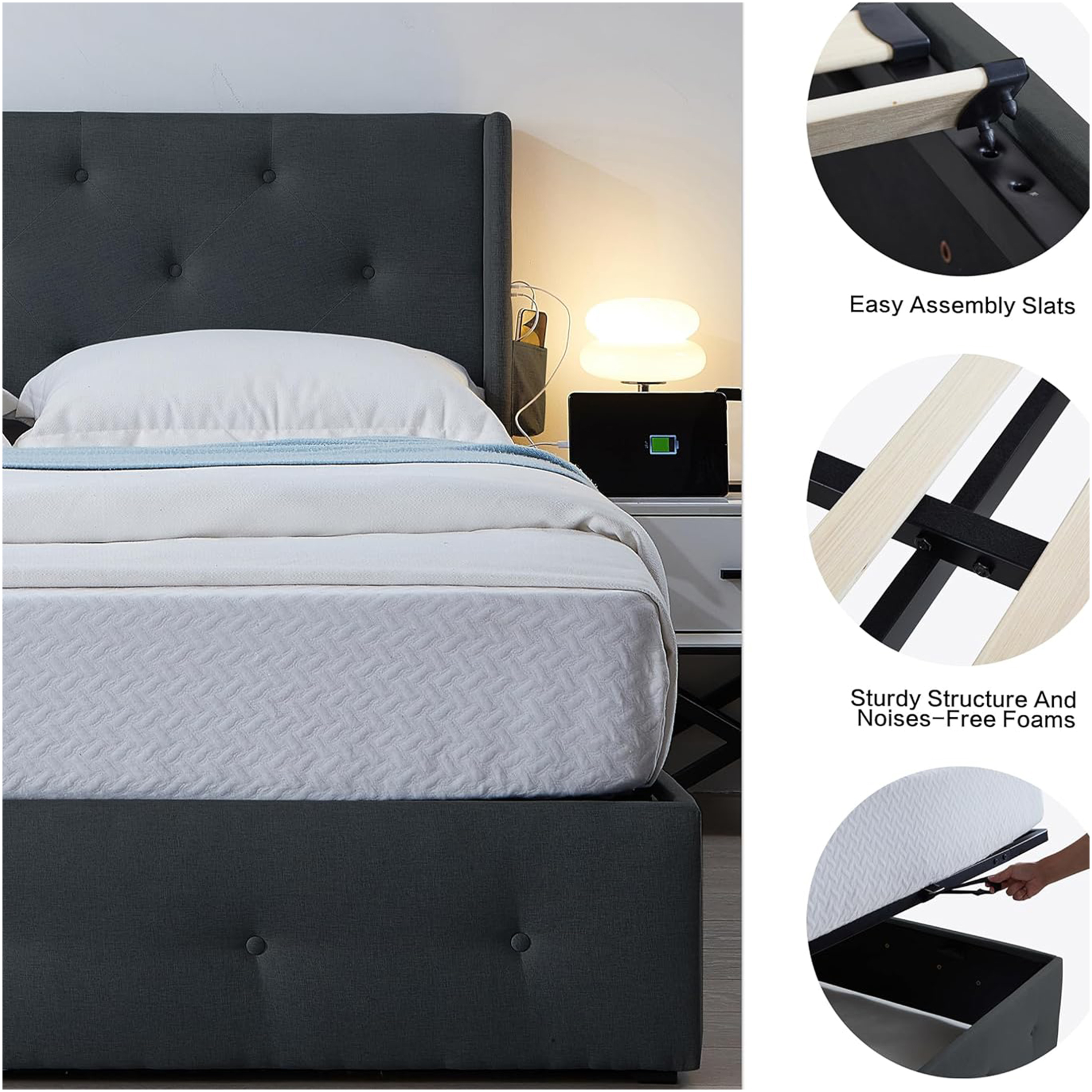 JERFIT Queen Upholstered Storage Bed Frame with Wingback Headboard, USB Charging Ports, Dark Gray