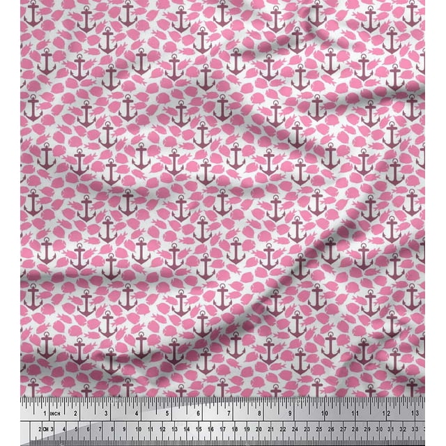 Soimoi Poly Georgette Fabric Fish & Anchor Hook Nautical Decor Fabric Printed Yard 52 Inch Wide