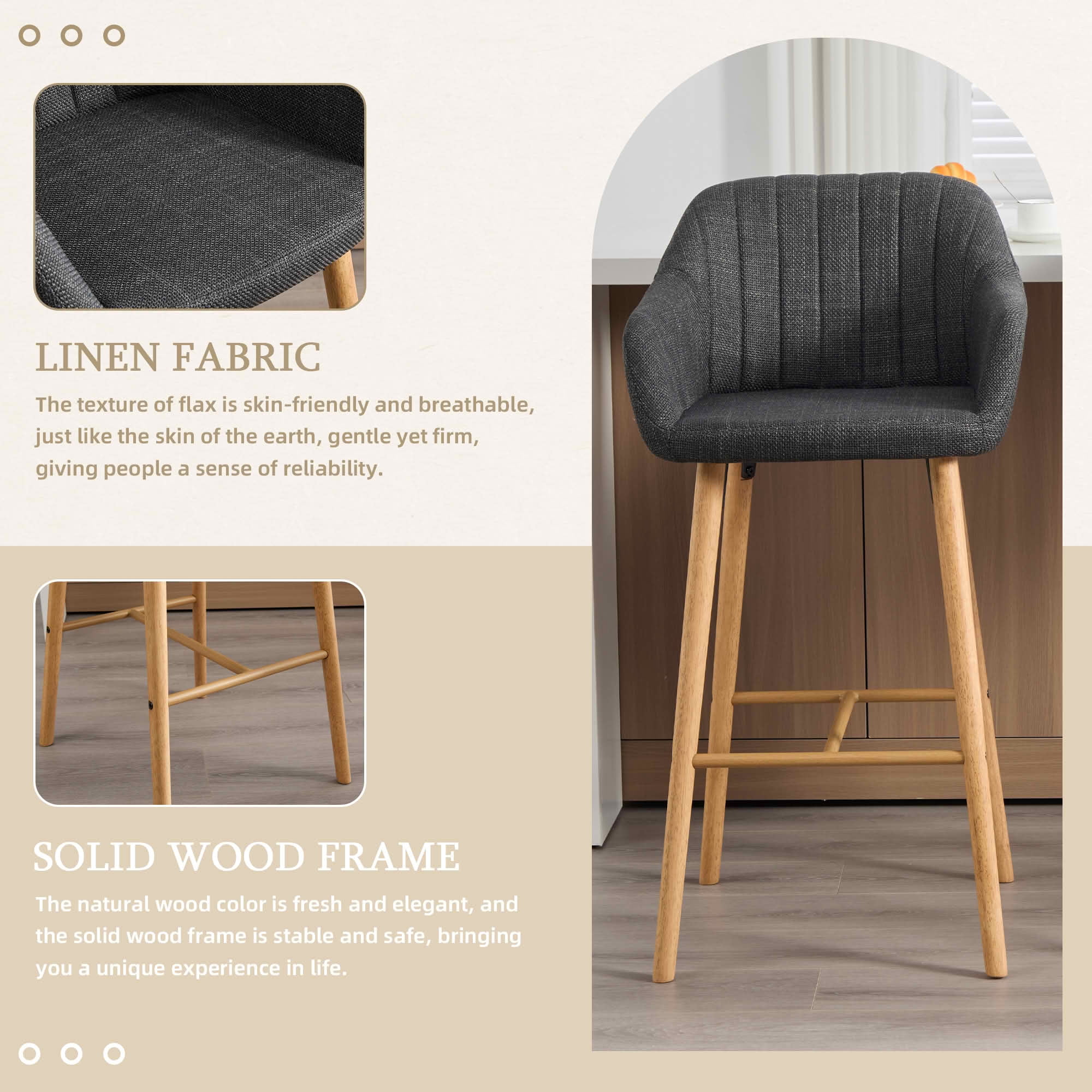 MAYEERTY Bar Stools Set of 2, Linen Kitchen Island Chairs with Back, Arms, Footrest and Solid Oak Legs, Black