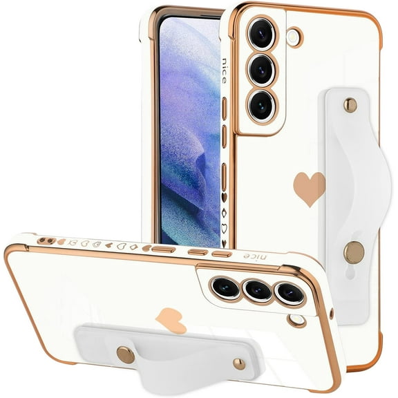 Designed for Samsung Galaxy S21 Plus 5G Case White Love Hearts Design for Women Girl Men, Luxury Plating with Strap Stand Full Camera Lens Protection Bumper for Galaxy S21 Plus 5G