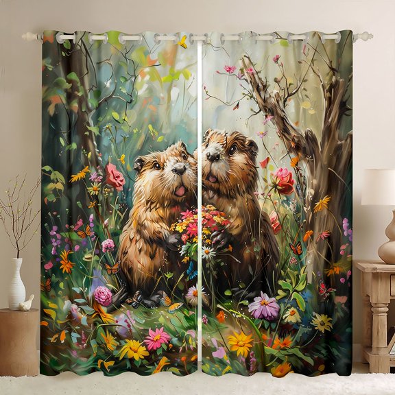 Feelyou Otter Wildlife Curtains Pack of 2 (42x84 Each), Rustic Floral Curtains Blackout