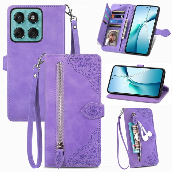 Decase for Motorola Edge (2025) Flip Wallet Case,PU Leather Zipper Pocket Phone Cover with Wrist Strap, Embossed Flower Pattern Folio Leather Card Slots Stand Hybrid Case,Purple