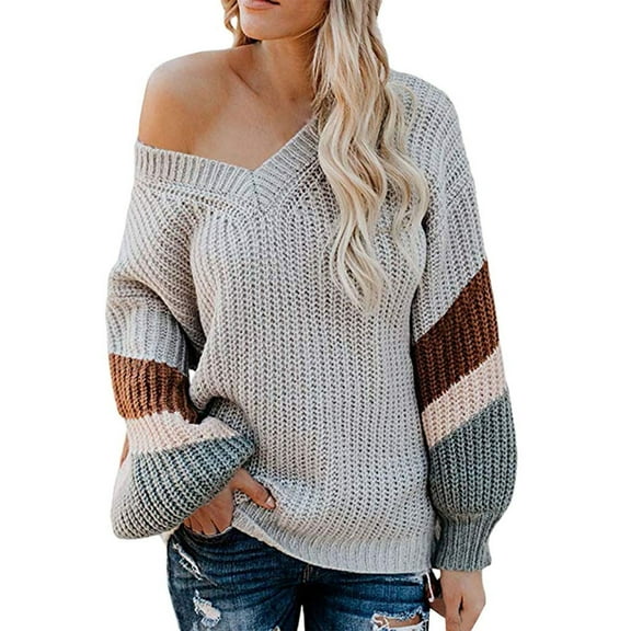 IROINNID Reduced Womens Sweater Knit One-Shoulder Pullover Sweater Stripes Casual Mid-Length Long Sleeve Sweetheart Lantern Knit Sweater