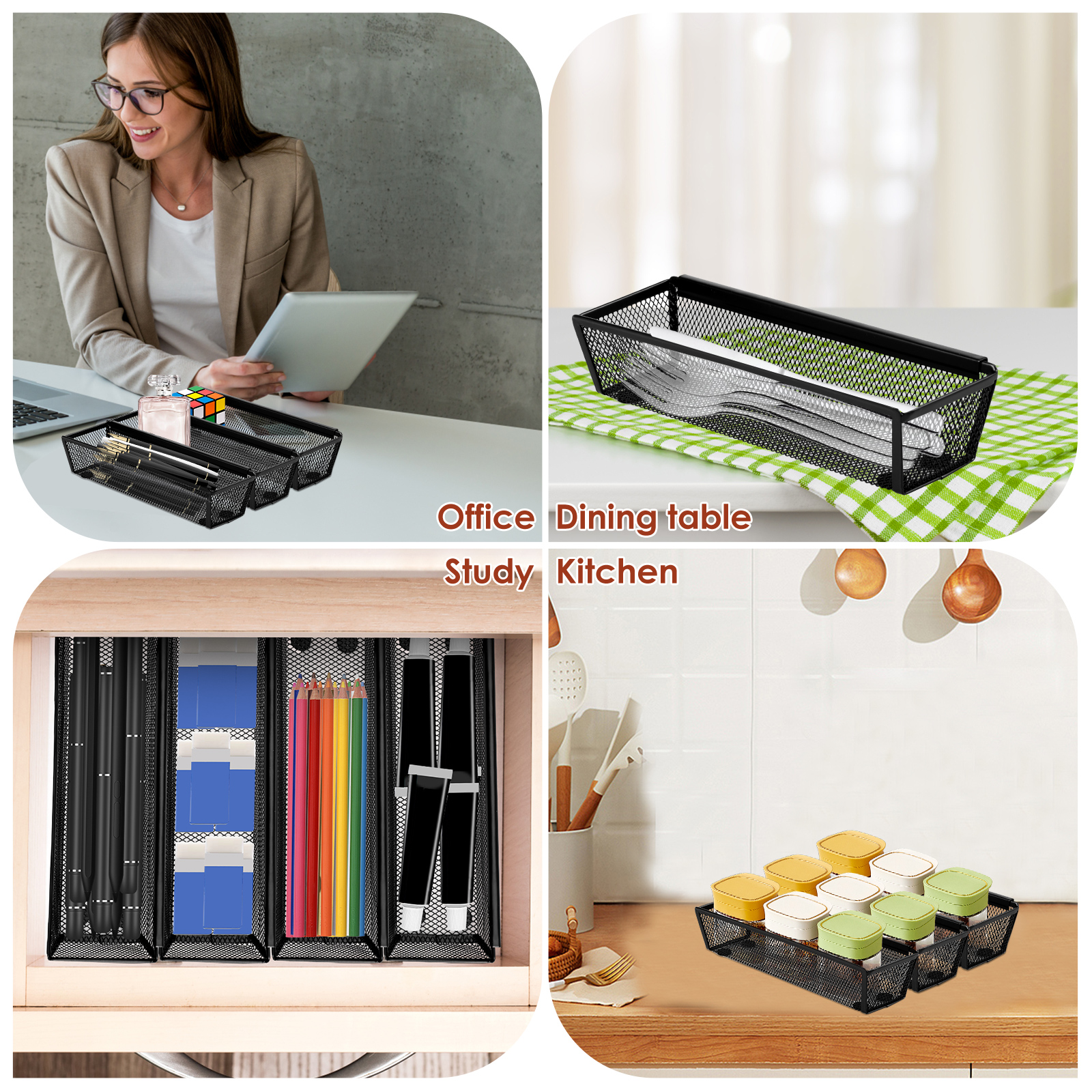 6 Pcs Drawer Organizer with Interlocking Arm Metal Utensil Mesh Drawer Organizer Nonslip Utensil Organizer Breathable Silverware Drawer Organizer for Kitchen 9.6x3x2inch Black