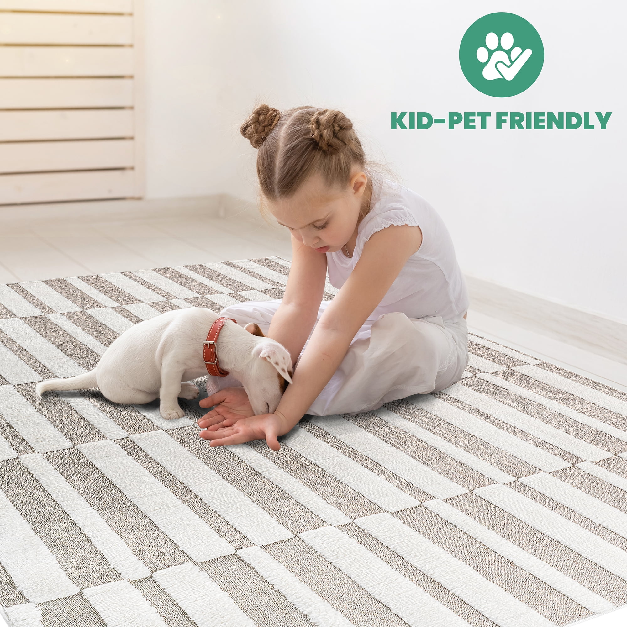 High-Low Striped Beige/Cream Indoor Area Rug 5x7ft Modern Contemporary Geometric Bohemian Non-Shedding Stain & Fade Resistant Jute Backing Rug for Bedroom Kitchen Living Room