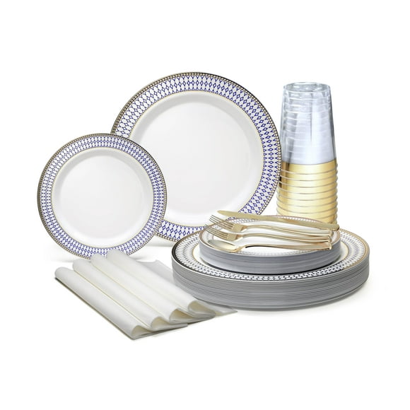 "OCCASIONS" Ensemble de 640 Pcs (80 Invités) - Assiettes en Plastique Jetables pour Mariage - 80 x 10.5 Pieds' + 80 x 7.5 Pieds' + Couverts + Tasses + Serviettes (Ossée Blanc/bleu & Bord Doré)