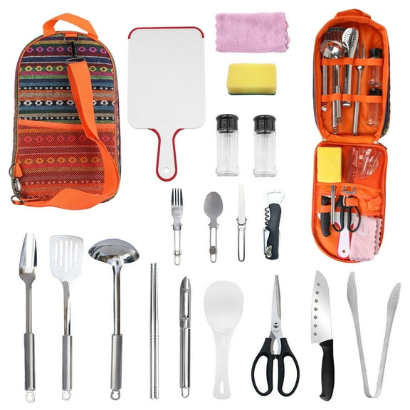 BAYUELSWU Portable Camping Kitchen Utensil 19 Pcs Set, Camping Cooking Utensil Kit with Storage Bag Perfect for Travel, Picnics, RVs, Camping, BBQs, Parties