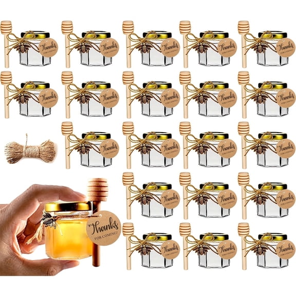 20 Sets Honey Jar Party Favors, 1.5 Oz Glass Honey Jars with Lids, Hexagon Mini Glass Jars with Bee Pendant Jute Twine & Thank You Tags, Mini Honey Jars for Wedding Bridal Shower Birthday Party Gifts