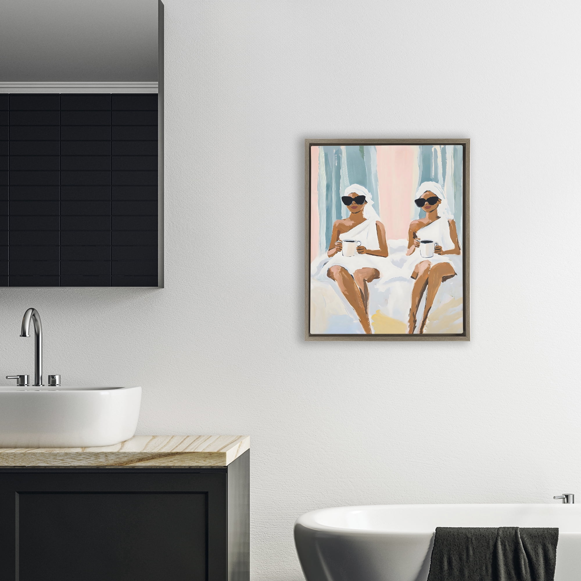 Stupell Industries Girls Spa Day with Coffee Brown Framed Floater Canvas Wall Art, design by The Prints Vibe
