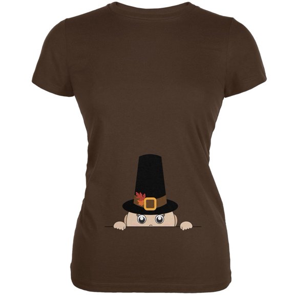 Peeking Baby Thanksgiving Pilgrim Brown Juniors Soft T-Shirt - Large