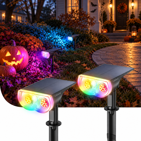 Linkind Solar Lights Outdoor, Color Changing, Multicolor LED Solar Landscape Spotlights,IP67 Waterproof Outdoor Lighting for Yard, Garden, Pathway, Halloween, 2 Pack