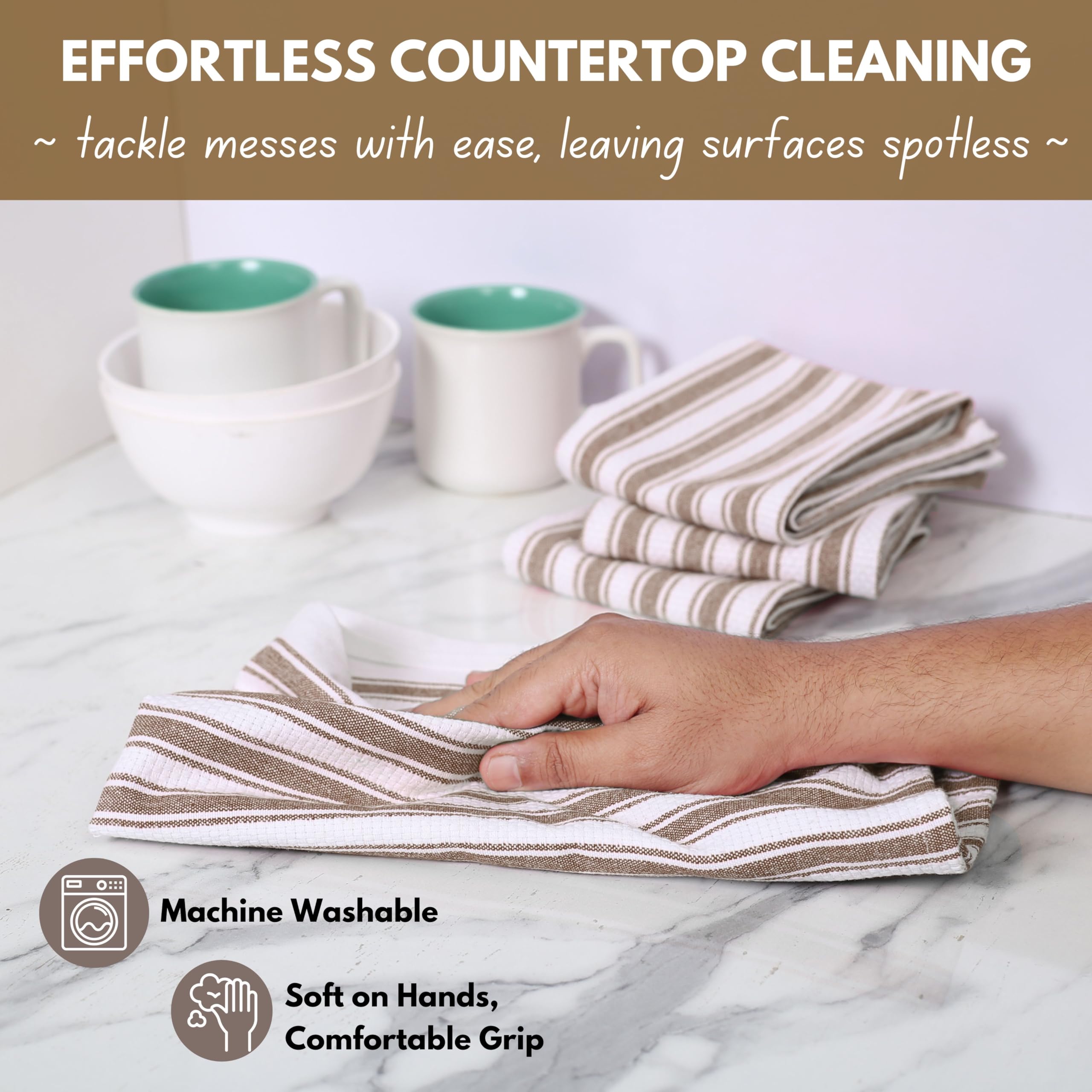 Native Fab Kitchen Dish Cloths 12 Pack, 16x26, Quick Dry Towels with Loop, Brown