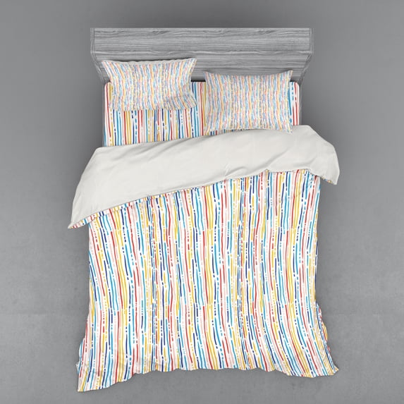 Abstract Duvet Cover Set, Colorful Modern Artwork with Vertical Stripes and Dashed Lines on White Background, Bedding Set with Shams and Fitted Sheet, 3 Sizes, by Ambesonne
