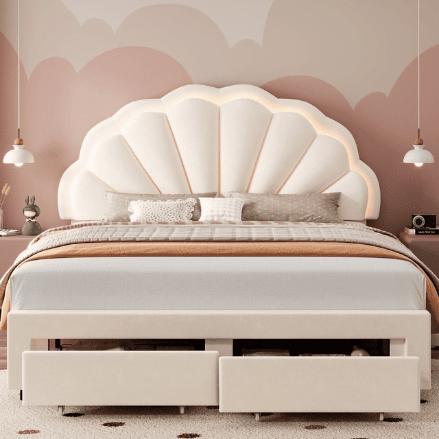 Homfa Cadre de Lit pour Lit Double avec Éclairage DEL et Tiroir, Lit Plateforme Recouvert de Velours avec Tête de Lit à Pétales Réglable, Beige