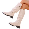thumbnail image 4 of Women Knee High Slouch Boots Chunky Heel Buckled Mid-Calf Boots White 9.5(43), 4 of 9