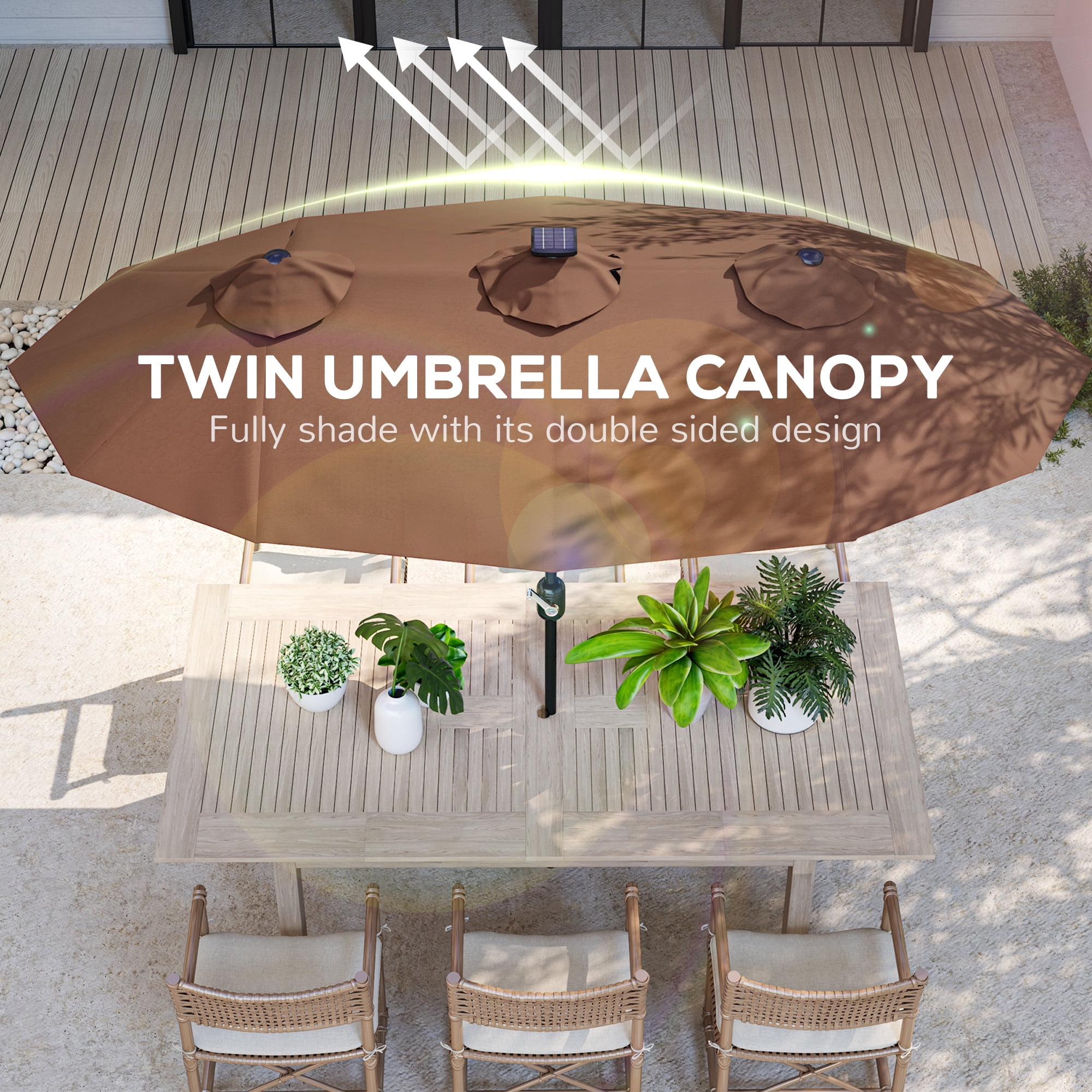Outsunny 9.7 ft. Double-sided Patio Umbrella with LED Solar Light, 45-Degree Tilt and Crank, Outdoor Umbrella, Coffee