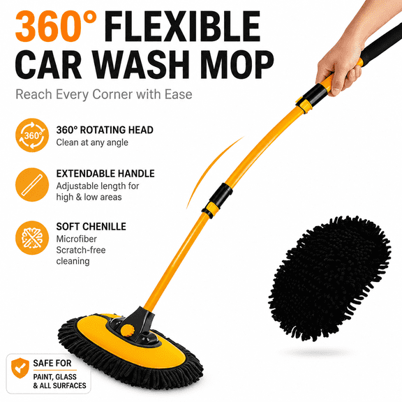 15° Angled Car Wash Brush with 40.16" Extension Pole – Microfiber Mop for RV, Truck, SUV, Boat & Wheels – 2-in-1 Detailing Duster for Interior & Exterior – Gentle on Paint – Yellow