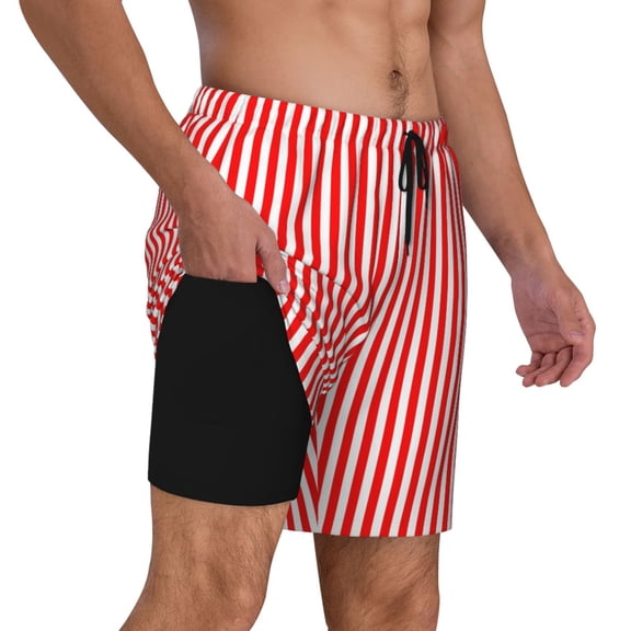 Mens Red White Vertical Stripe 2 in 1 Quick Dry Swim Trunks with Compression Liner Beach Shorts