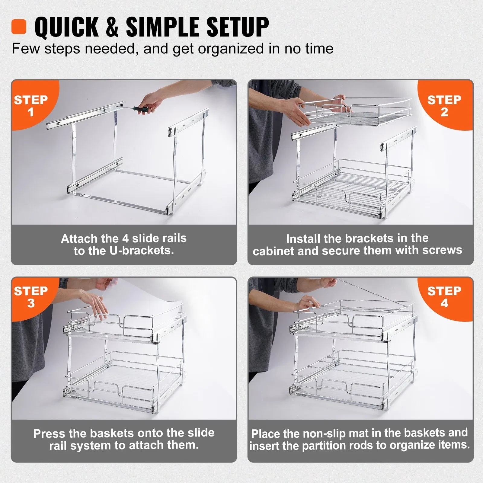 Pull Out Cabinet Organizer 14"W x 21"D, Slide Out Pantry Shelves - Plated Steel, Kitchen Cabinet Storage, Bathroom Under Sink Organizer