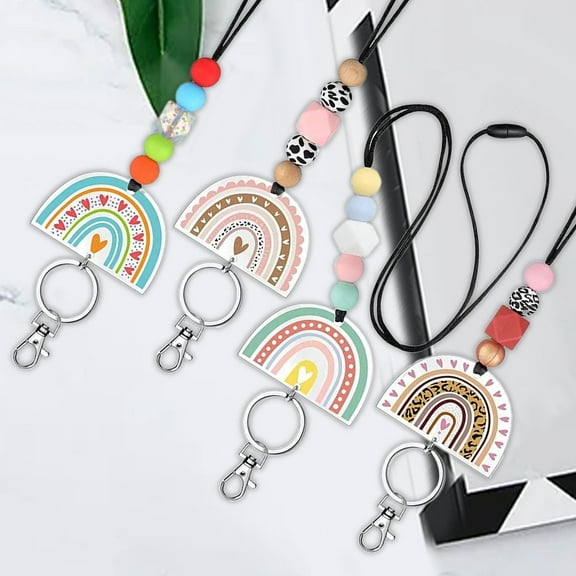 4x Teacher Lanyards for ID Badges and Keys Universal Fashion Silicone Beaded Keychain Neck Straps Acrylic Boho Lanyards for Teacher Supplies
