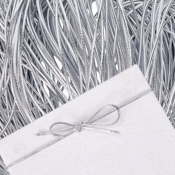 100Pcs Metallic Silver Pre Cut Elastic String 23 Inch Stretch Tinsel Ribbon Boxes Bows Loops Ornament Jewelry Thread Cord for Hang Tags DIY Craft Gifts Wrapping Christmas Tree