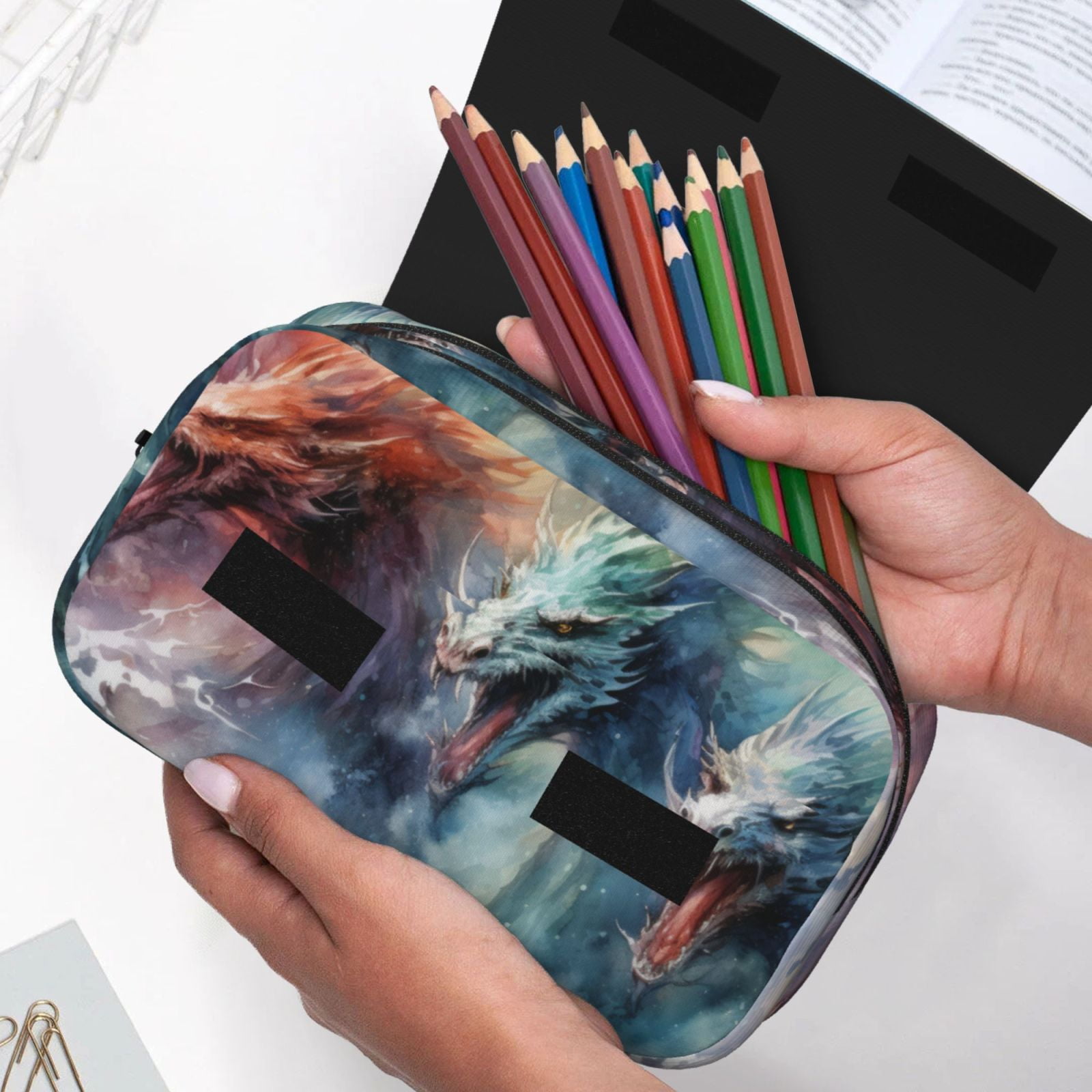 Rateoe Ink Style Wave Dragon Pattern Double Clamshell Pen Case, Storage Organizer with Two Zipper Compartments– Holds Up to 50 Pencils & Pens