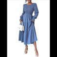 thumbnail image 1 of Vestido de Otoño para Invitada de Boda, con Mangas Largas, Volantes, Cuello Redondo, y Fluido. Azul L, 1 of 7