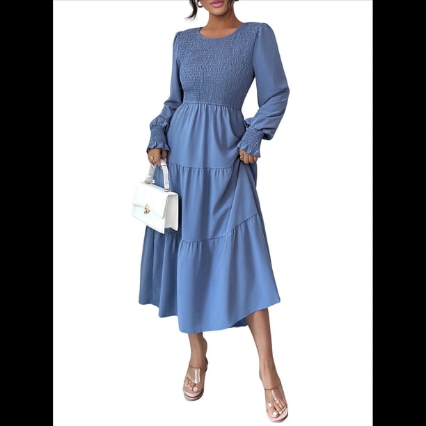 Vestido de Otoño para Invitada de Boda, con Mangas Largas, Volantes, Cuello Redondo, y Fluido. Azul S