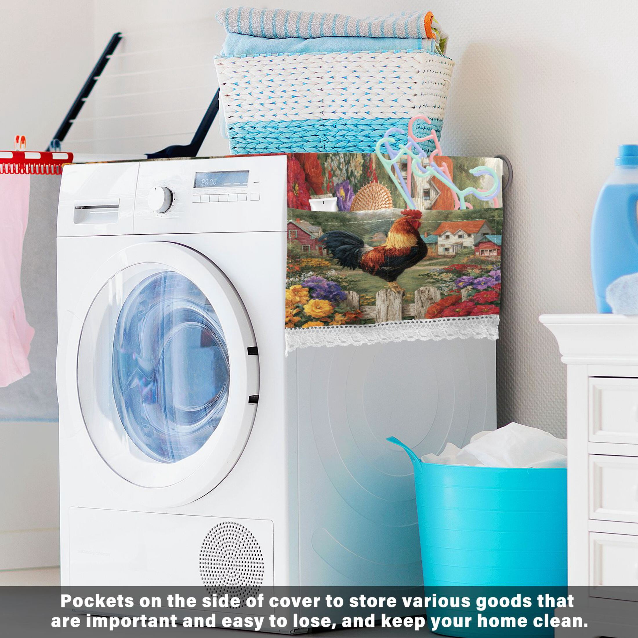 Wobogo Majestic Rooster Washing Machine Cover Dustproof Washer Dryer Cover Waterproof Laundry Room Decorative Protector