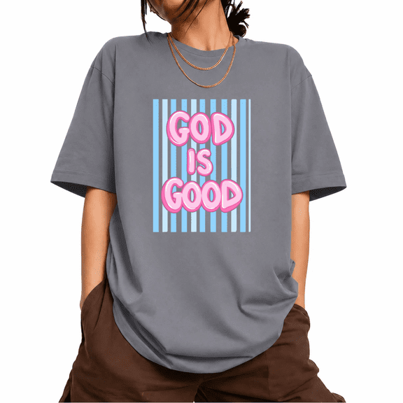 UNISHE Women's God Is Good Graphic Short Sleeve T-Shirt Cream Blue Striped Bubble Font Oversized Tee