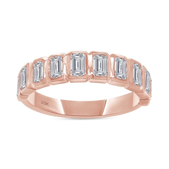 1 Carat IGI Certified Lab Grown Diamond Wedding Anniversary Band Ring for Women | 10K Solid Rose Gold | Emerald Shape Bezel Set Half Eternity Stackable Engagement Rings Size-6