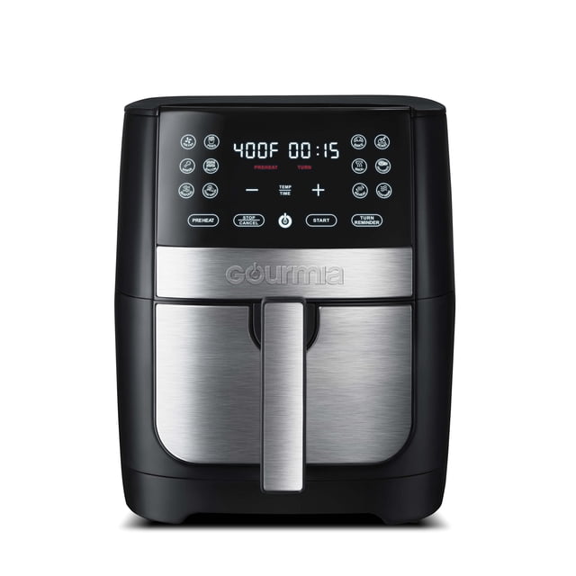 gourmia air fryer black (8 quart) Negro, vista frontal centrada de freidora eléctrica con panel táctil LED superior que muestra temperatura y tiempo, cesta con frente de acero inoxidable cepillado y asa vertical, botones para presets y inicio y logotipo Gourmia en el frente; adecuada para porciones familiares.