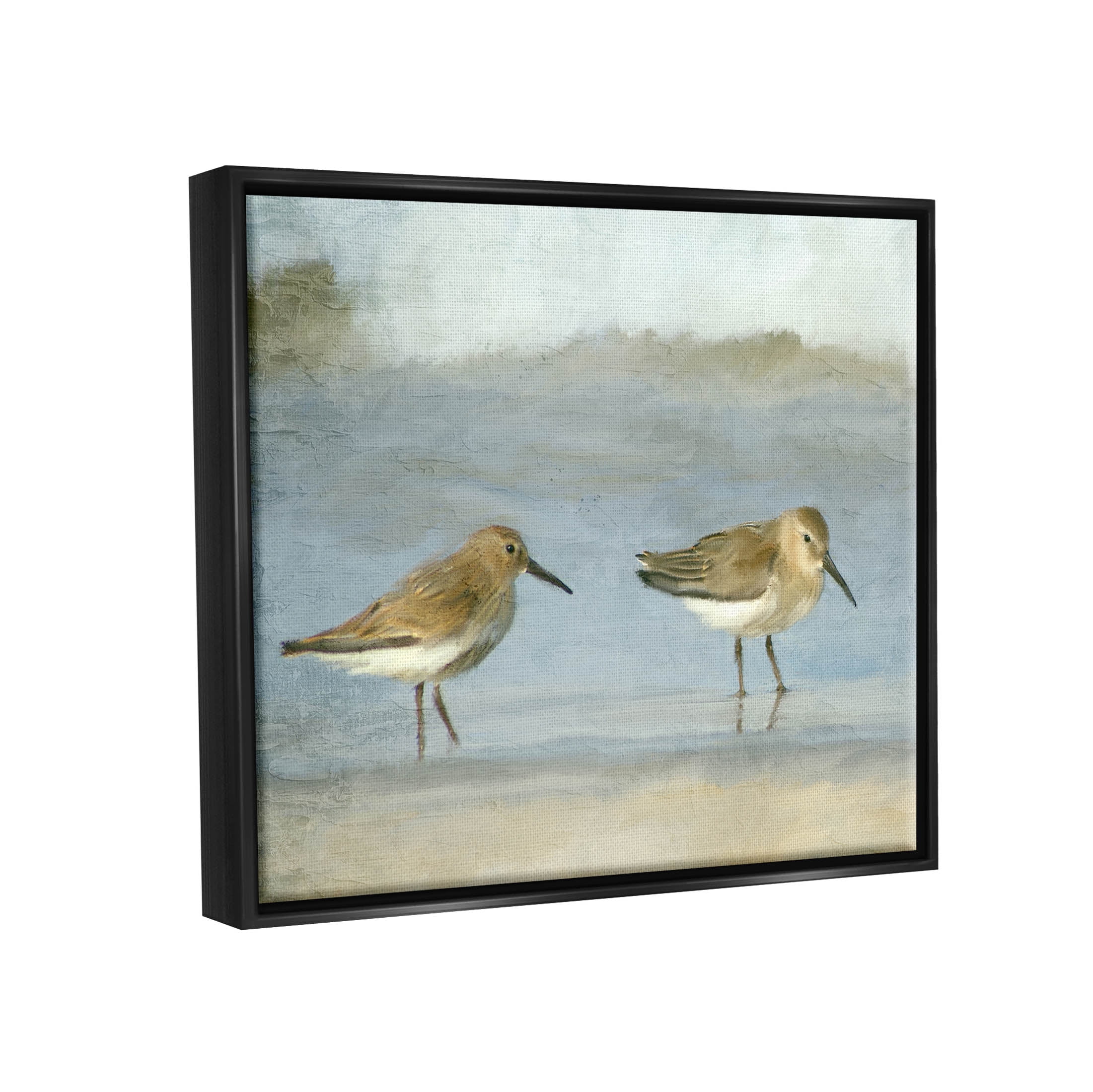 Stupell Industries Two Sandpipers Stepping Beach Shore Painting Jet Black Floating Framed Canvas Print Wall Art, Design by Kim Allen