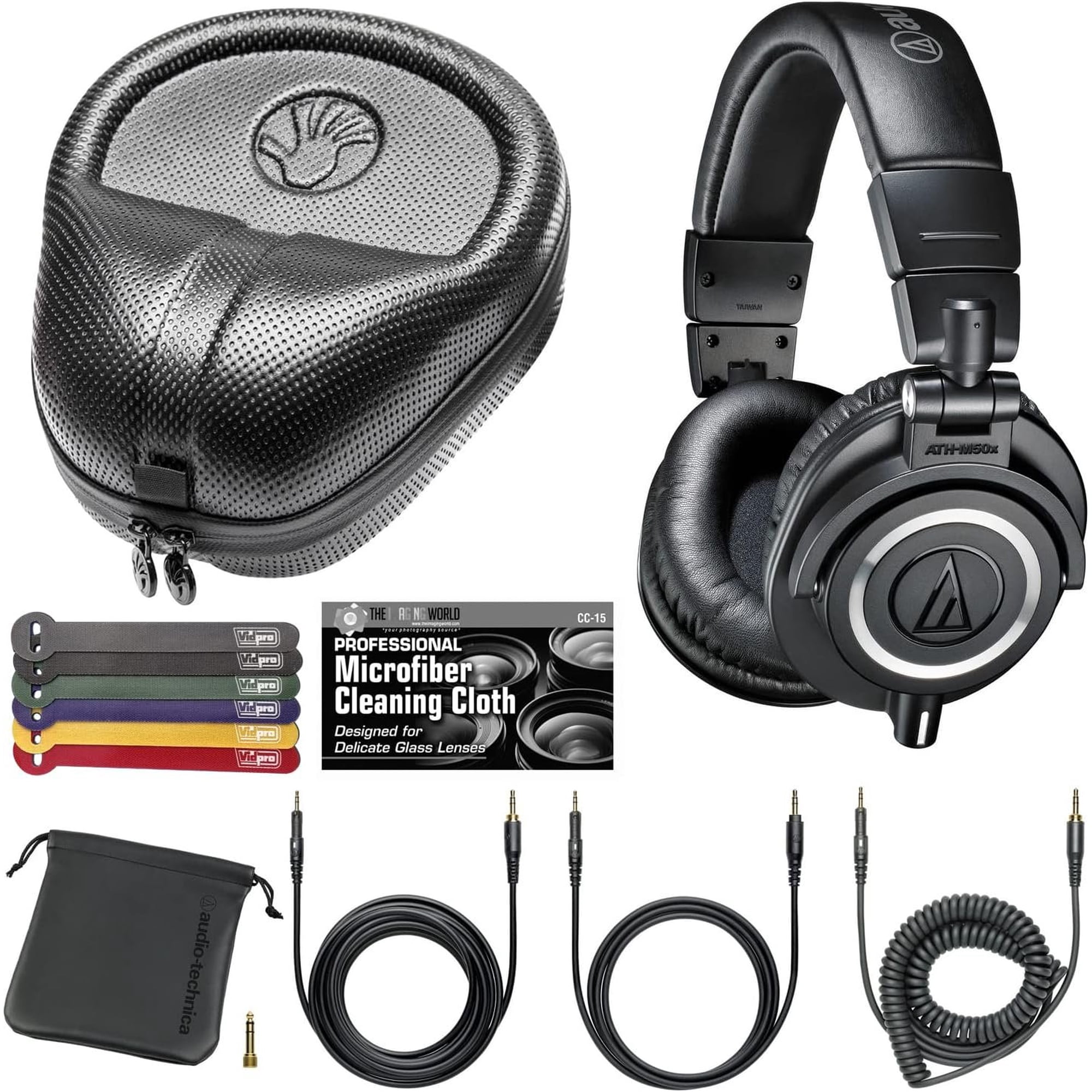 Audio-Technica ATH-M50x Professional Monitor Headphones Black + Slappa Full Sized HardBody PRO Headphone Case SL-HP-07 + Bundle