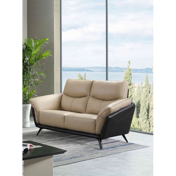 Cortesi Home Paris Genuine Full Leather Loveseat Sofa, 2 Tone Combination of Black and Beige, 67"