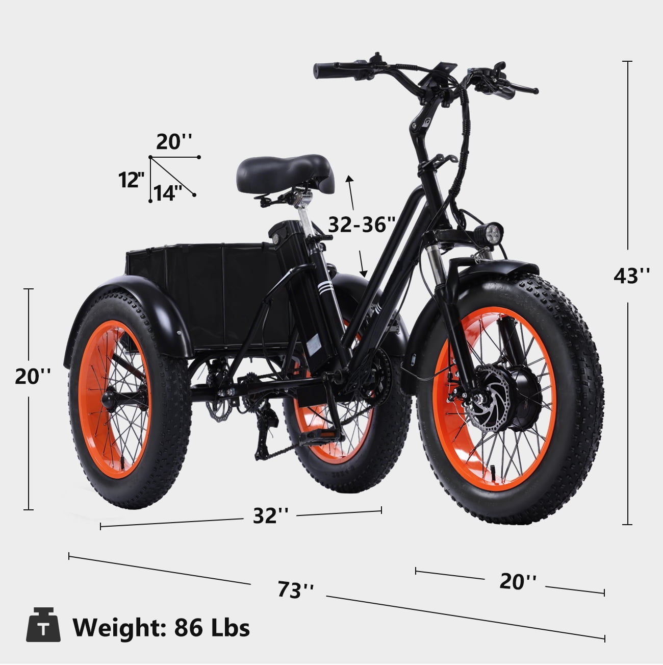 BROOBY Electric Tricycle for Adults, 500W Motor 1000W Peak 3 Wheel Electric Trike with 48V 15Ah Removable Battery, Up to 40 Miles, 20" x 4.0 Fat Tires, Large Rear Basket, 440 lb Capacity, UL2849,