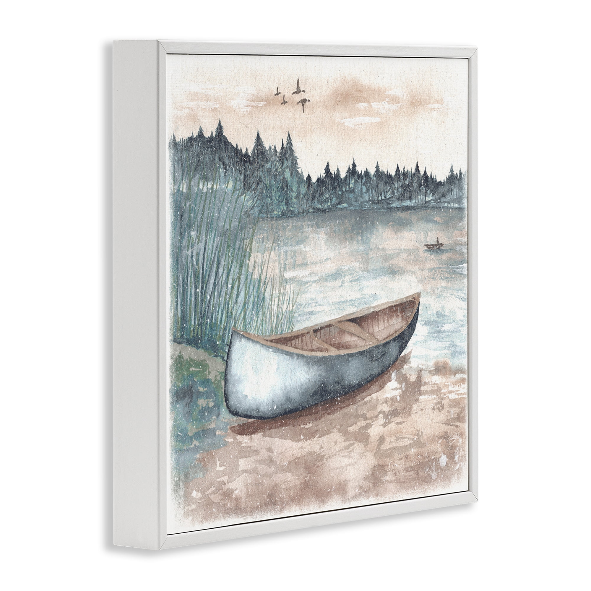 Stupell Industries Canoe on Lake Shore Landscape Painting White Framed Art Print Wall Art, 12 x 12