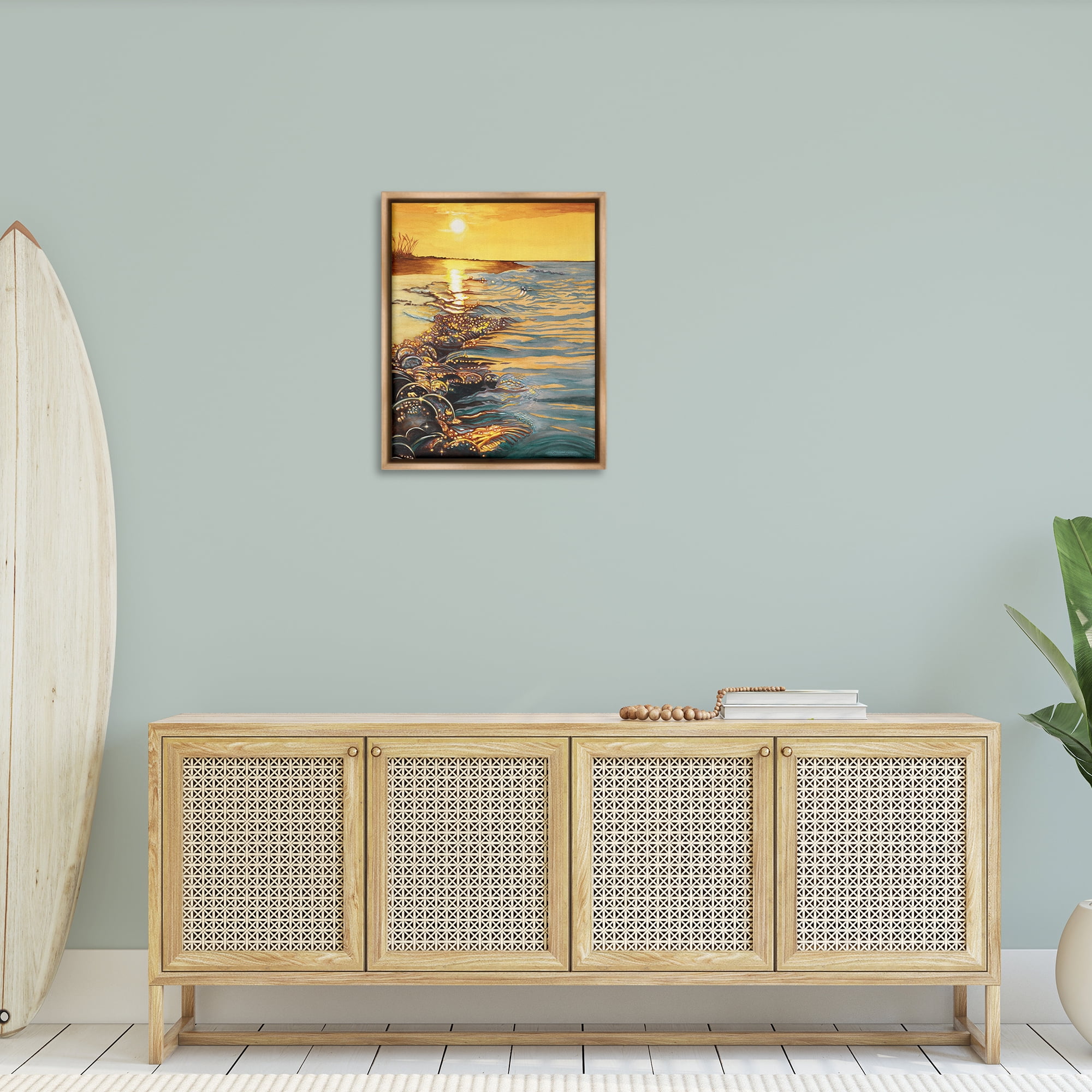 Stupell Industries Saltwater Beach Sunset Landscape Painting Brown Floater Framed Canvas Art Print Wall Art, 25 x 31