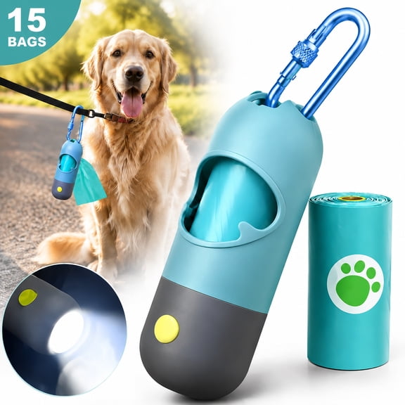 Sherry Dog Poop Bags Holder with LED Flashlight|Pet Waste Bags Dispenser for Leash|Doggie Potty Bags Container with Leak-Proof Pet Trash Bags and Accessories (1 Holder 15 Bags, Crystal Blue)