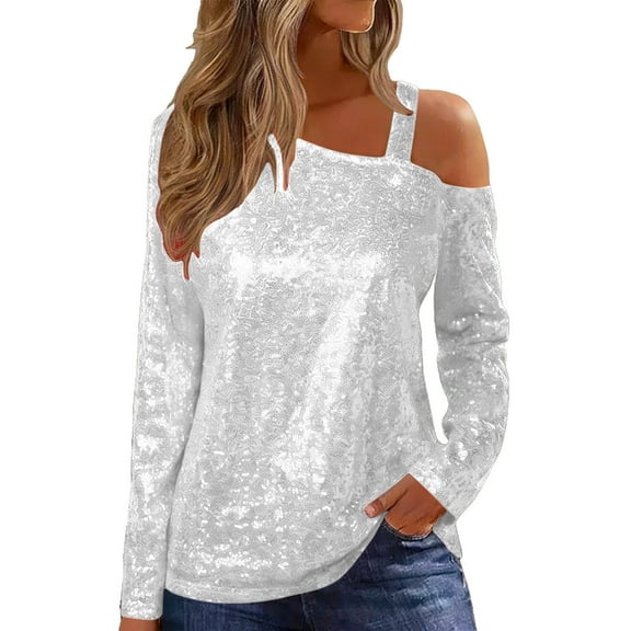 Posijego Sequins Long Sleeve Tops for Women Cold Shoulder Party Formal Blouses Sparkly Shiny Elegant Tunic Shirts
