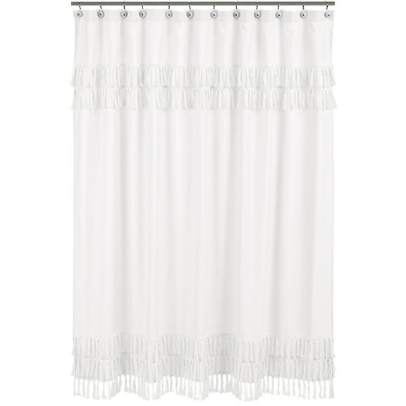 Sweet Jojo Designs White Boho Bohemian Bathroom Fabric Bath Shower Curtain - Solid Color Shabby Chic Luxurious Luxury Elegant Vintage Designer Boutique Tassel Fringe
