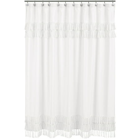 Sweet Jojo Designs White Boho Bohemian Bathroom Fabric Bath Shower Curtain - Solid Color Shabby Chic Luxurious Luxury Elegant Vintage Designer Boutique Tassel Fringe