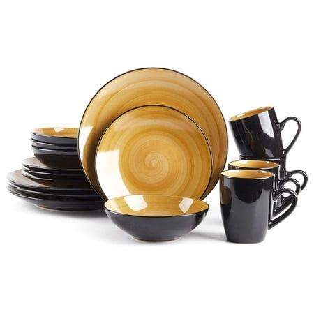 

Sonoma 16 Piece Stoneware Dinner Set Outside Black + Inside Handpainted Color Yellow with speckle