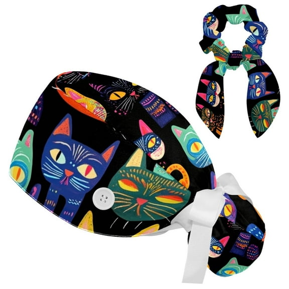RATGDN Abstract Cat Tie Scrub Cap for Women Men, Nursing Hats with Buttons and Sweatband, Adjustable Elastic Working Caps Surgical Cap with Hair Bow - One Size Fits All
