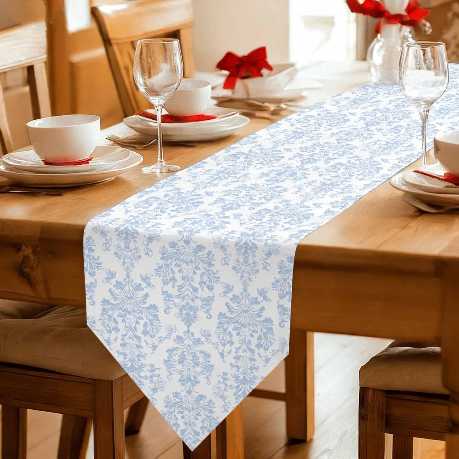 Blue Boho Floral Table Runner Linen Burlap Table Runner 72 Inches Long Farmhouse Middle Century Flowers Dresser Scarves for Kitchen Island Coffee Dining Party Wedding Banquet Holiday Decor 18"x72"