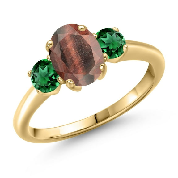 Gem Stone King 1.85 Ct Oval Red Tiger Eye Green Nano Emerald 18K Yellow Gold Plated Silver Ring (Size 5)