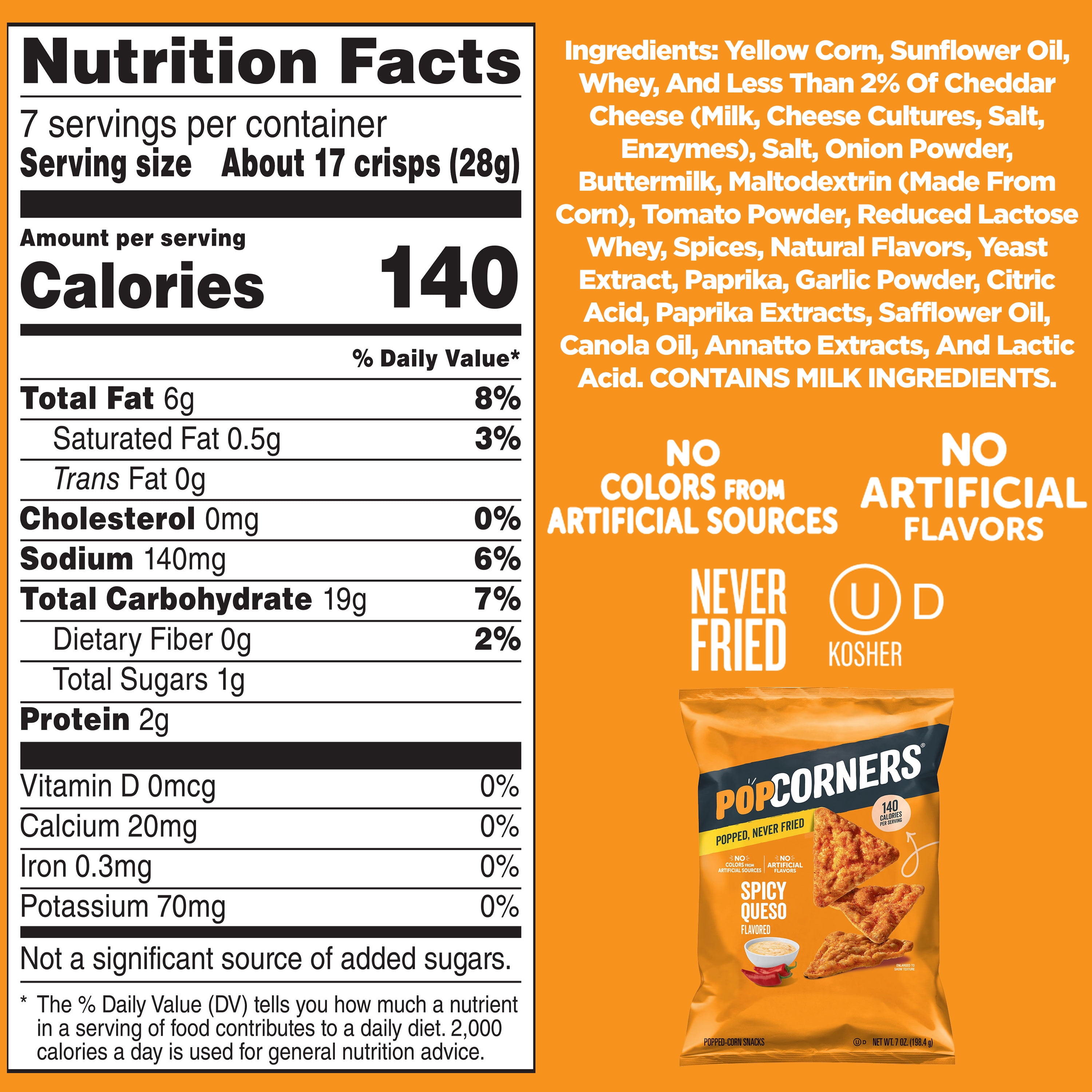 (3 pack) PopCorners No Artificial Colors or Flavors Spicy Queso Popped Corn Chips Bag, 7 oz​